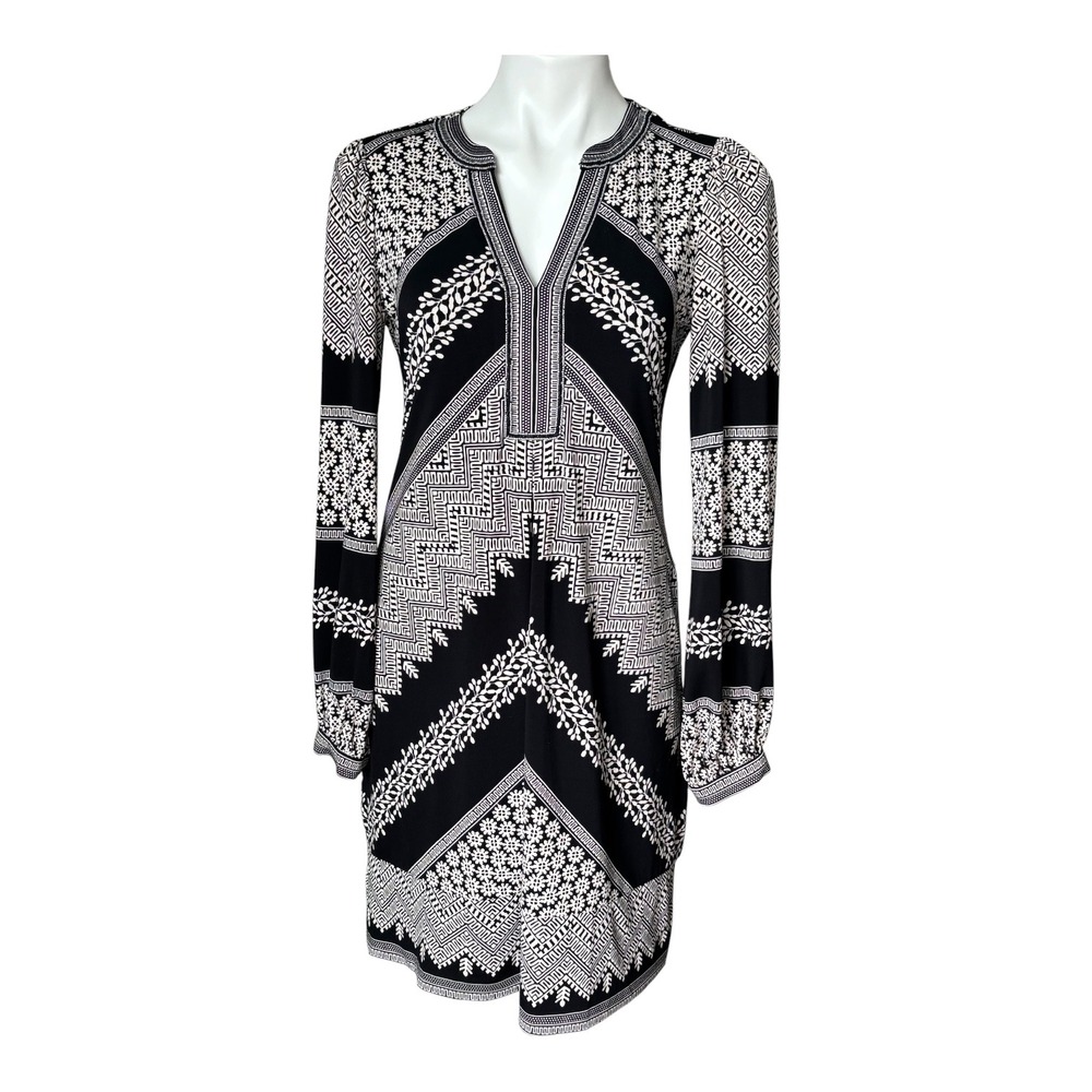 Hale Bob Posy Jersey Dress Black Cream Long Sleeve Beaded V-Neck Women's Size Sm